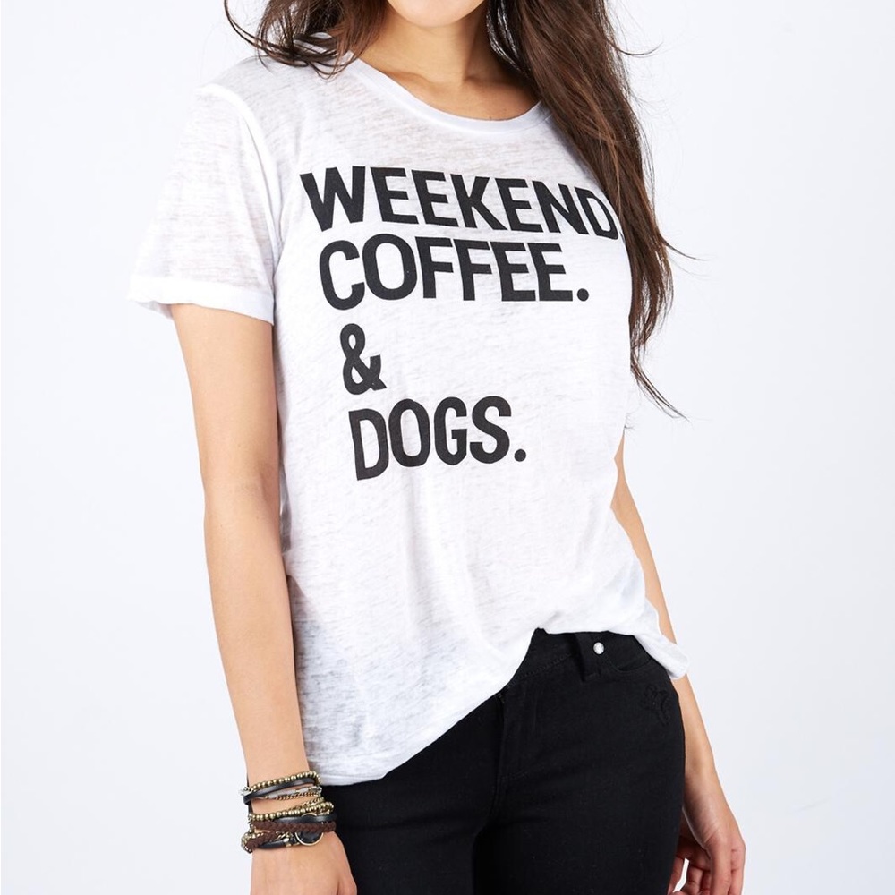 NWOT Chase Weekends Coffee & Dogs White T-Shirt
